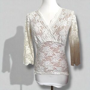 Vintage White Lace Mesh Top – Y2K Coquette Fairycore Romantic Blouse S